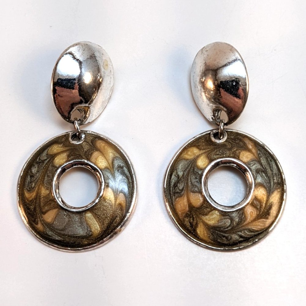 Vintage 80s Silver Plate Marbled Berebi Dangle Hoop Earrings Bohemian Goblincore